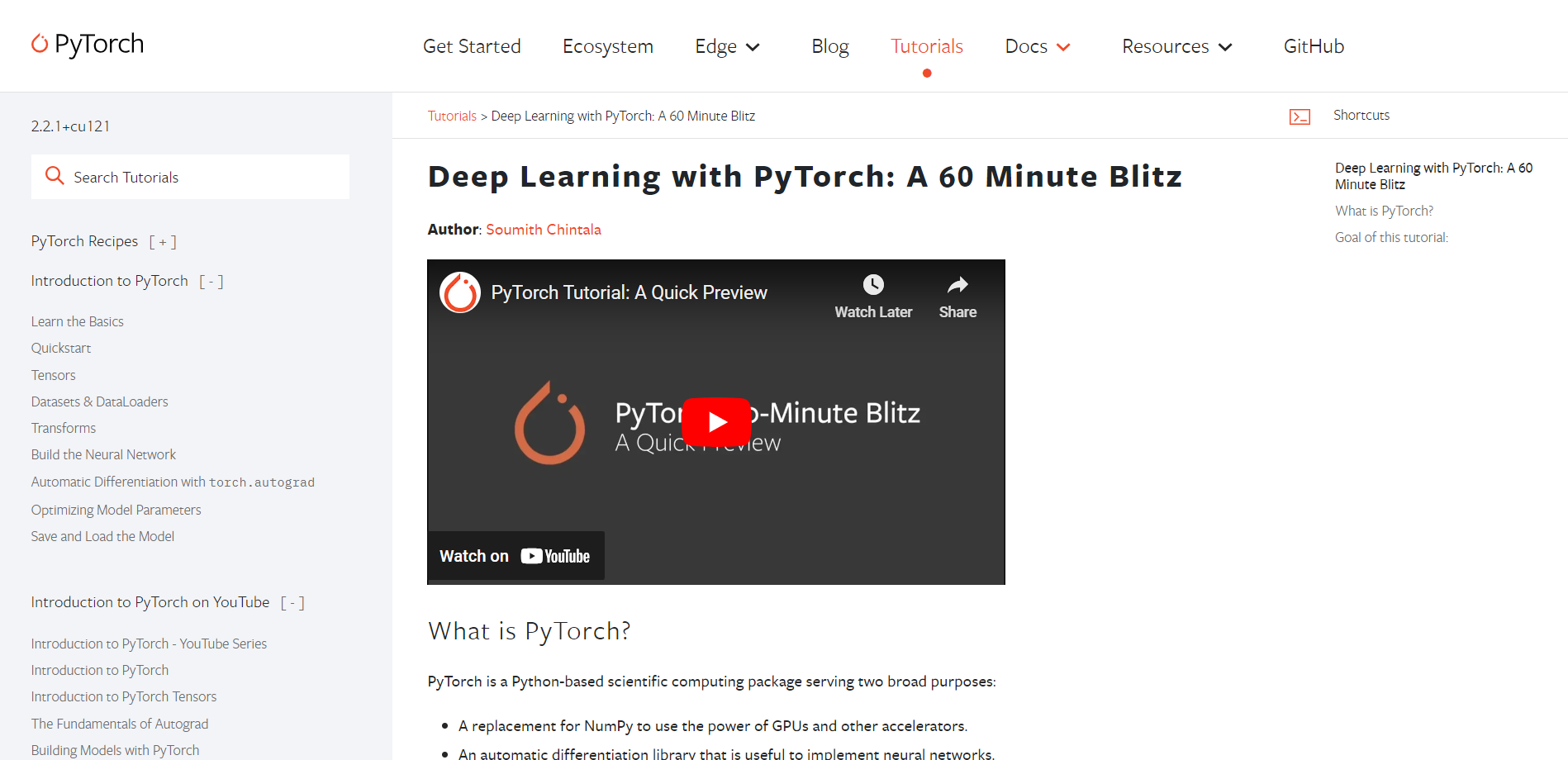 Deep Learning with PyTorch: A 60 Minute Blitz tutorial homepage